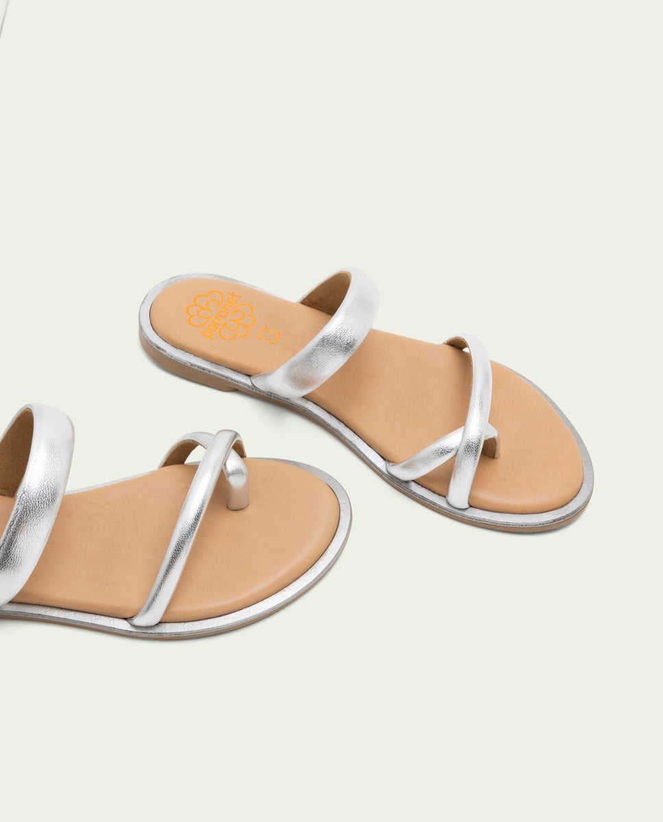 SANDALES ESCLAVES PLATES EN CUIR CAMILA ARGENT