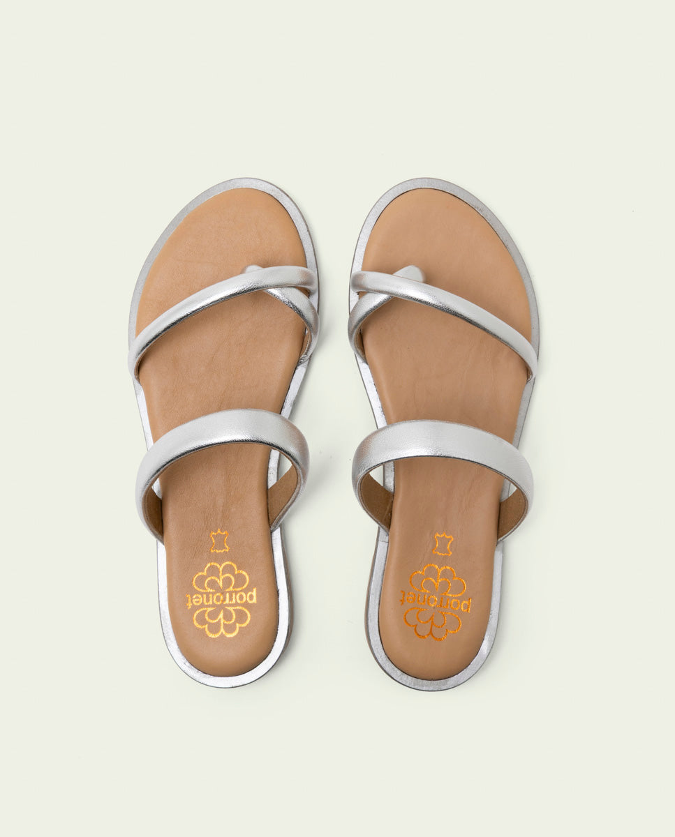 SANDALES ESCLAVES PLATES EN CUIR CAMILA ARGENT