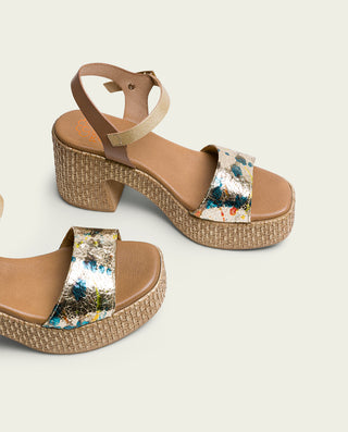 SANDALE À TALON EN CUIR METALLISÉ TAUPE DORÉ JIMENA