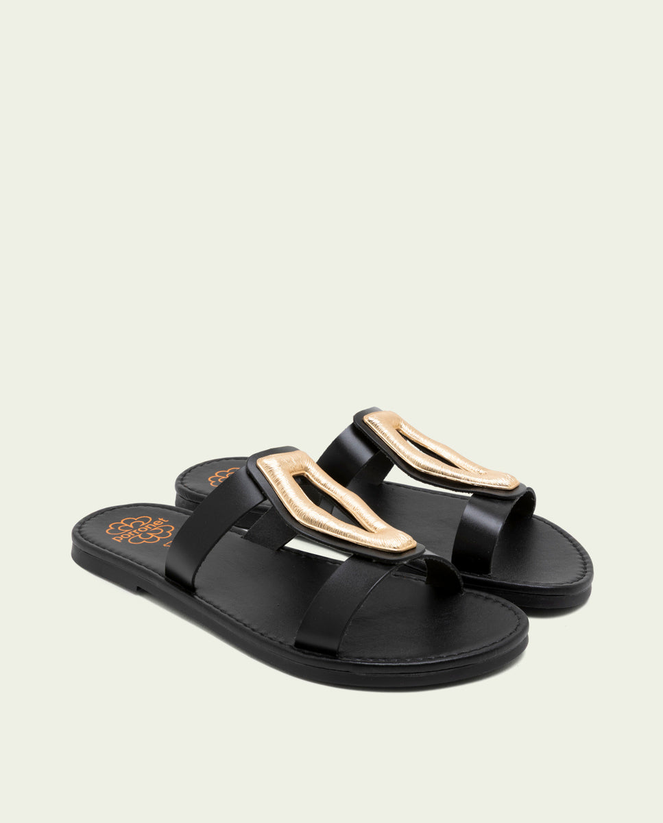 SANDALES PLATES EN CUIR AVEC ORNEMENT ALEIDA NOIR