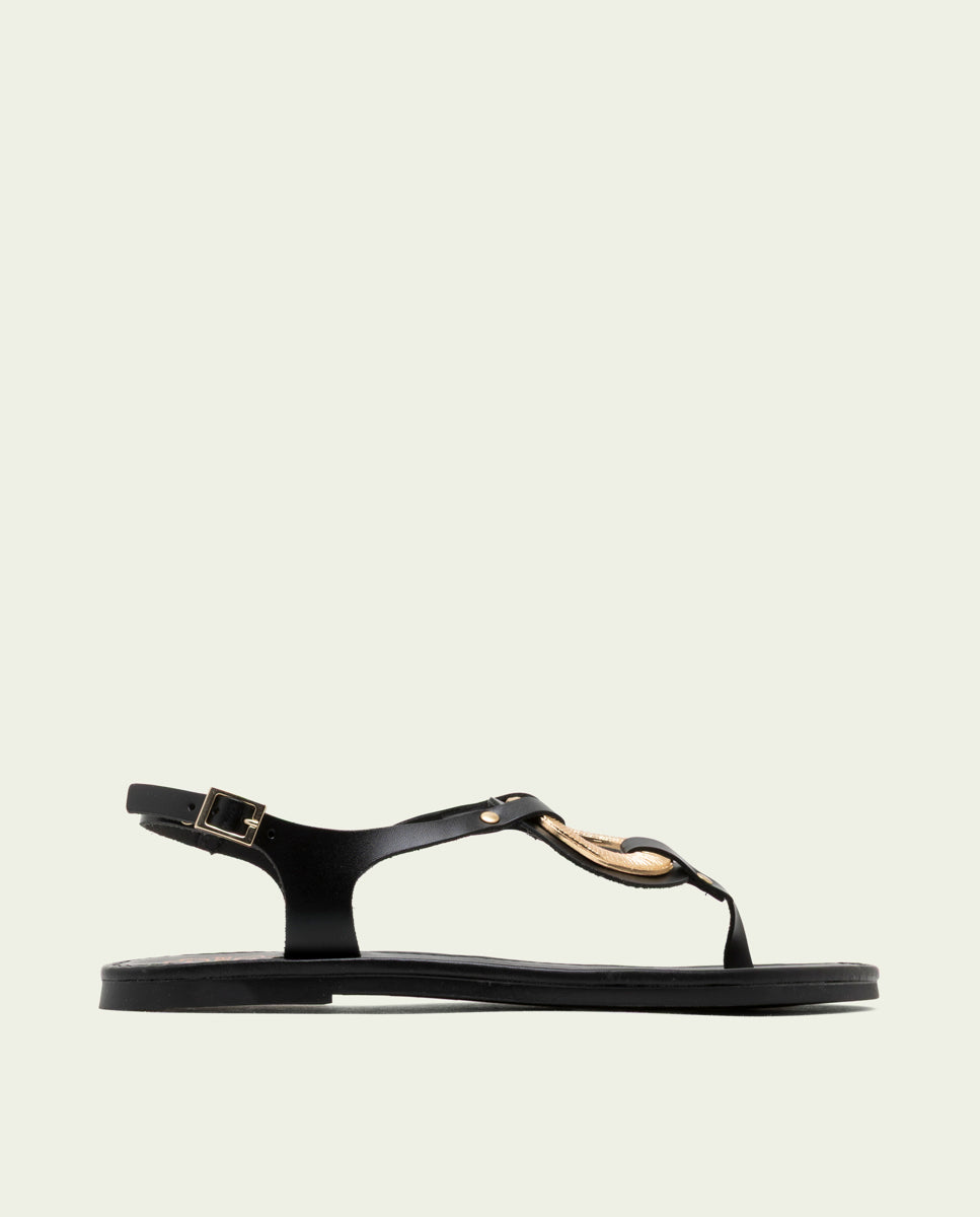 SANDALES PLATES EN CUIR AVEC ORNEMENT AURELIA NOIR