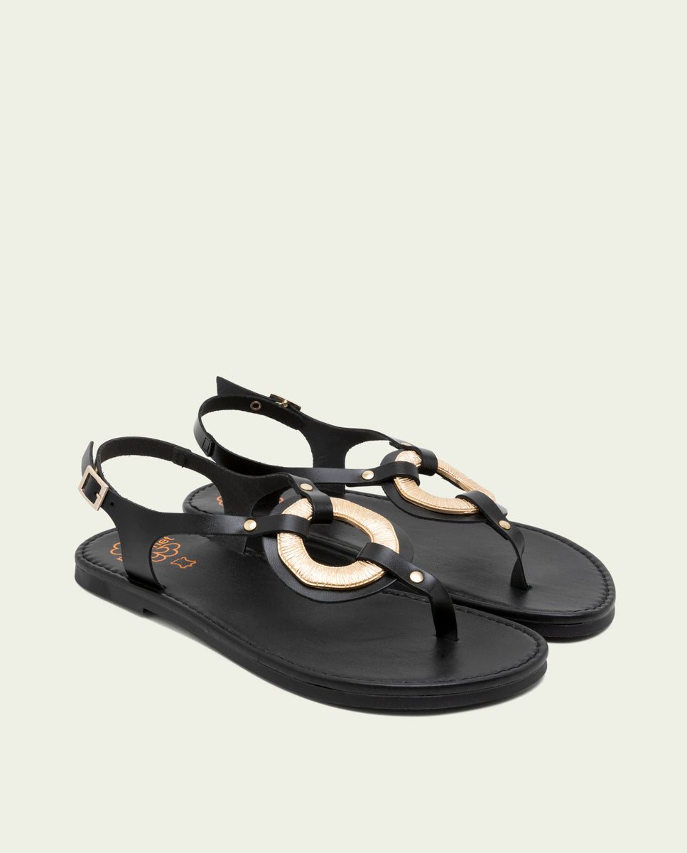 SANDALES PLATES EN CUIR AVEC ORNEMENT AURELIA NOIR
