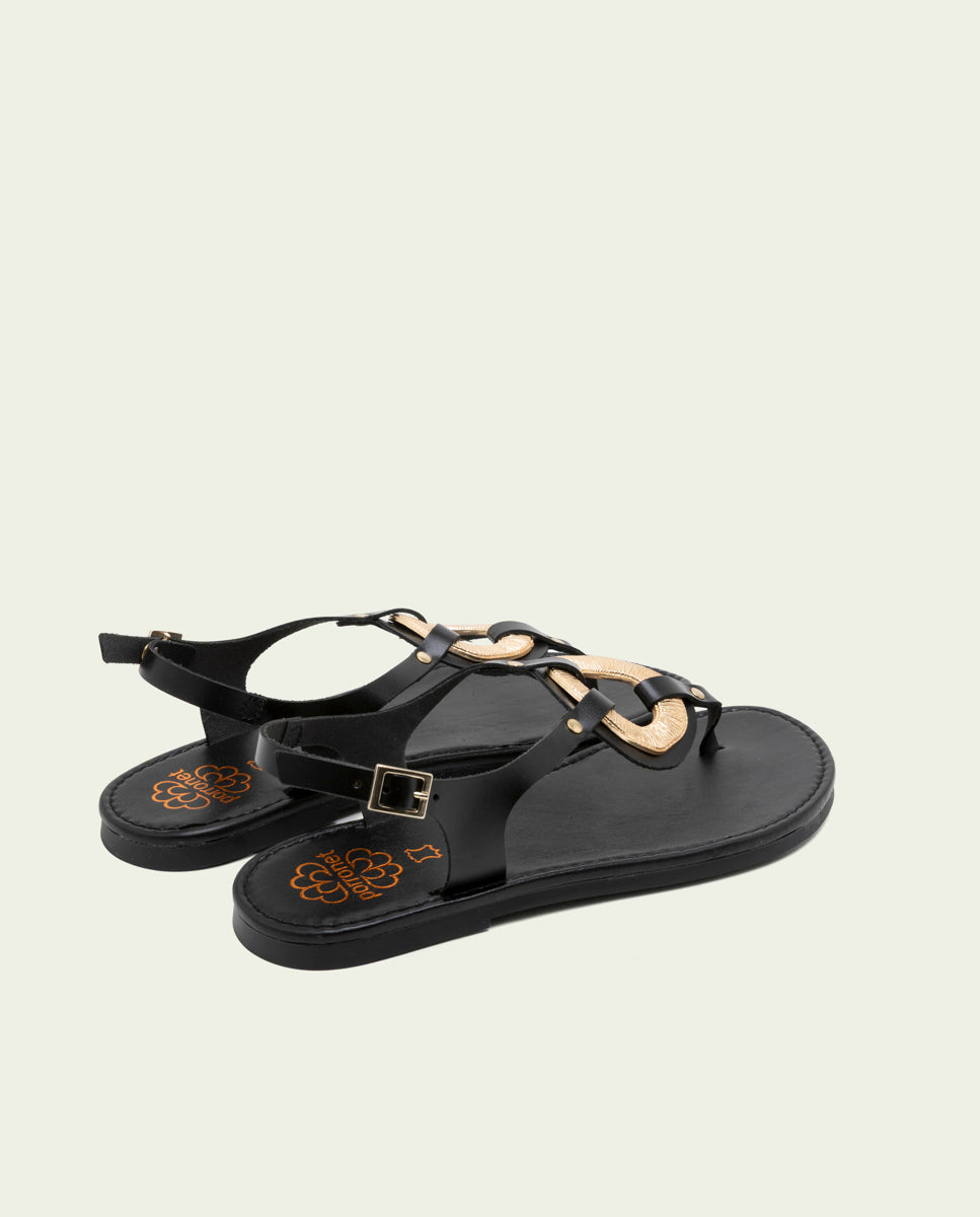 SANDALES PLATES EN CUIR AVEC ORNEMENT AURELIA NOIR