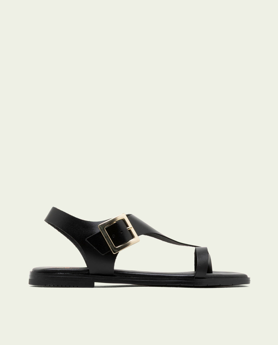 SANDALES PLATES EN CUIR AVEC BOUCLE BERTA NOIR