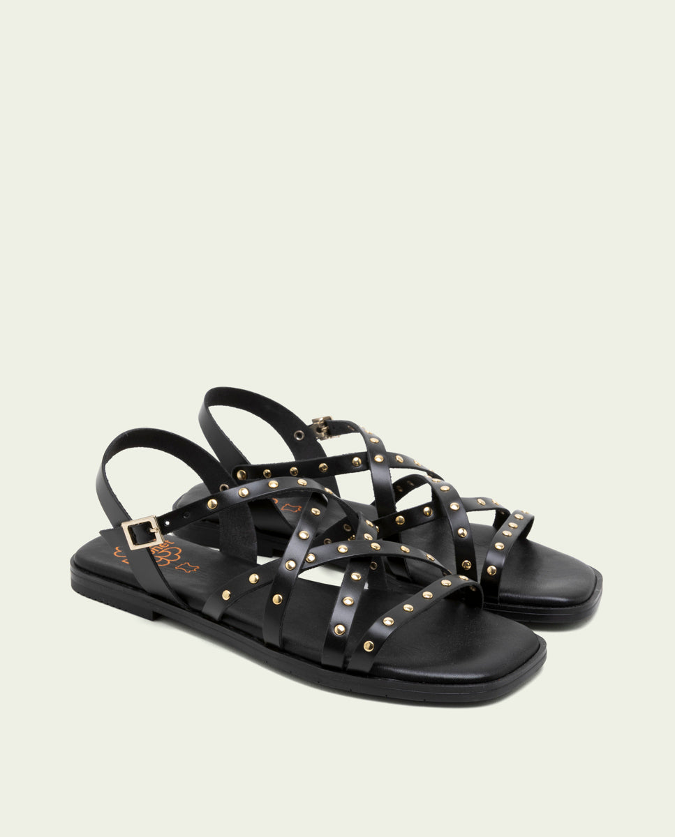 SANDALES PLATES EN CUIR À BRIDES ET CLOUS BLAIR NOIR