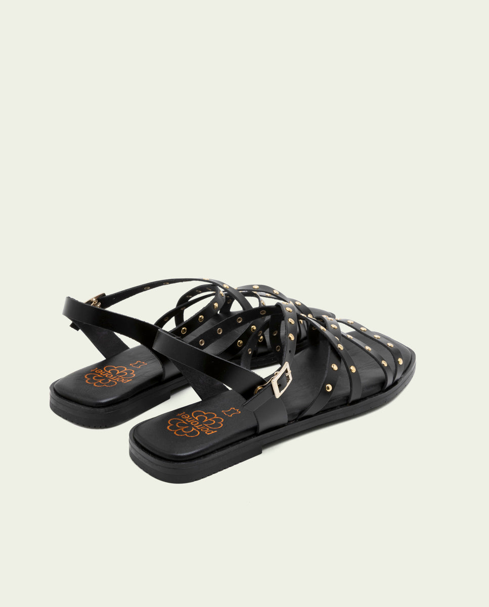SANDALES PLATES EN CUIR À BRIDES ET CLOUS BLAIR NOIR