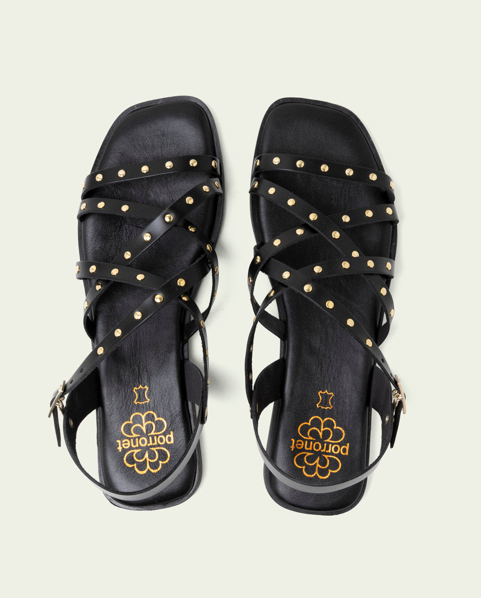 SANDALES PLATES EN CUIR À BRIDES ET CLOUS BLAIR NOIR