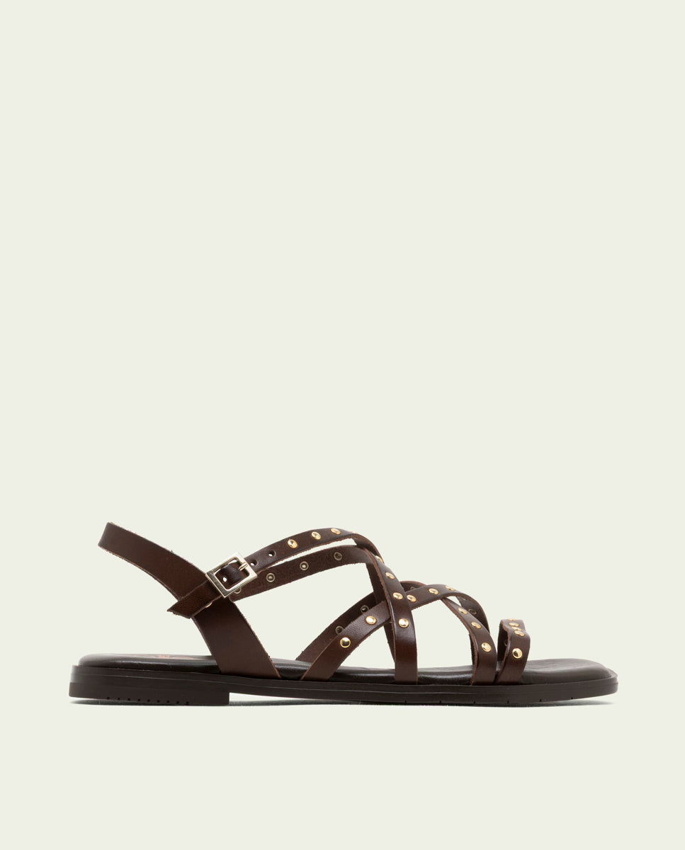 SANDALES PLATES EN CUIR À BRIDES ET CLOUS BLAIR MOKA