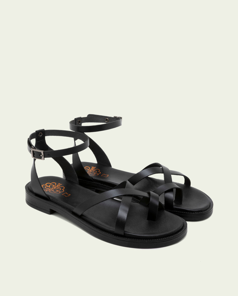 SANDALES PLATES ESCLAVE EN CUIR CECILIA NOIR
