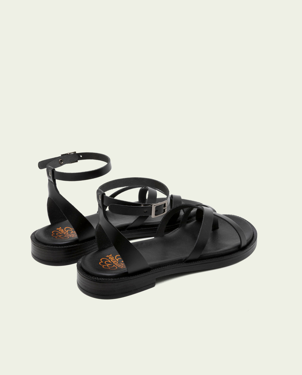 SANDALES PLATES ESCLAVE EN CUIR CECILIA NOIR
