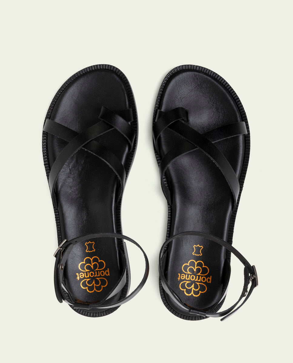 SANDALES PLATES ESCLAVE EN CUIR CECILIA NOIR