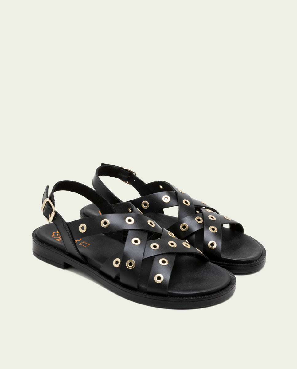 SANDALES PLATES EN CUIR À CLOUS CHLOE NOIR