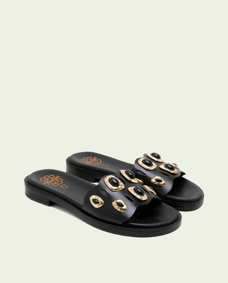 SANDALES PLATES EN CUIR À BRILLANTS CLAIRS NOIRS