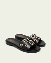 SANDALES PLATES EN CUIR À BRILLANTS CLAIRS NOIRS