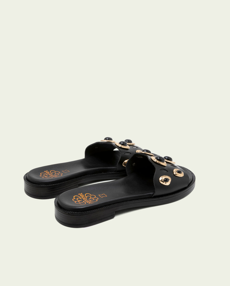 SANDALES PLATES EN CUIR À BRILLANTS CLAIRS NOIRS