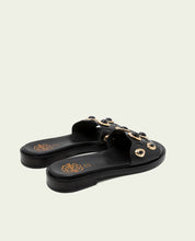 SANDALES PLATES EN CUIR À BRILLANTS CLAIRS NOIRS