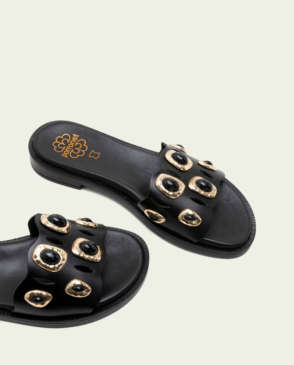 SANDALES PLATES EN CUIR À BRILLANTS CLAIRS NOIRS