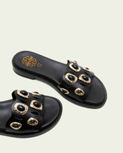 SANDALES PLATES EN CUIR À BRILLANTS CLAIRS NOIRS