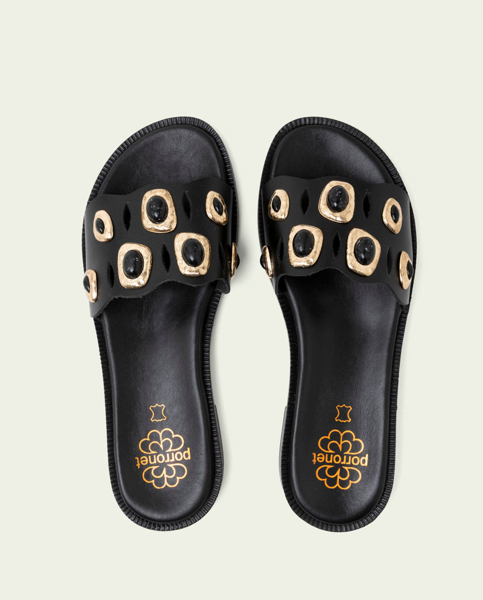 SANDALES PLATES EN CUIR À BRILLANTS CLAIRS NOIRS