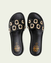 SANDALES PLATES EN CUIR À BRILLANTS CLAIRS NOIRS