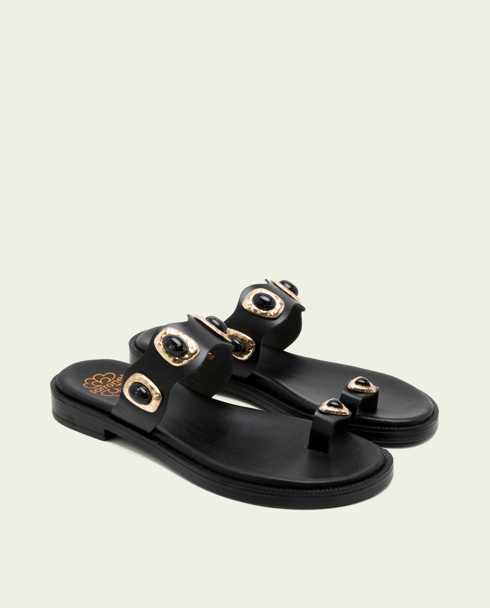 SANDALES PLATES EN CUIR AVEC STRASS EN CUIR CELINE MOKA