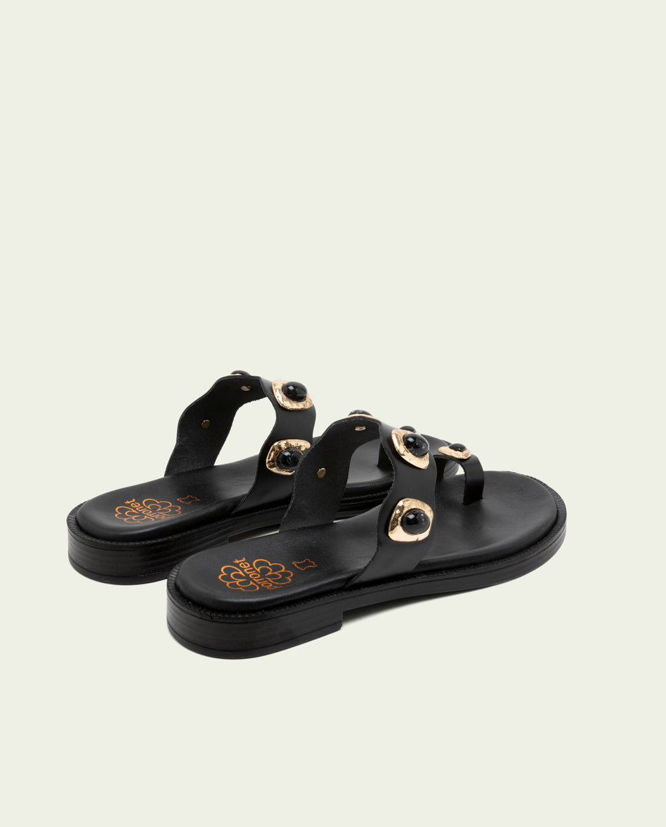 SANDALES PLATES EN CUIR AVEC STRASS EN CUIR CELINE MOKA