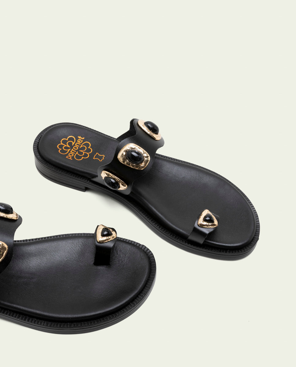 SANDALES PLATES EN CUIR AVEC STRASS EN CUIR CELINE MOKA