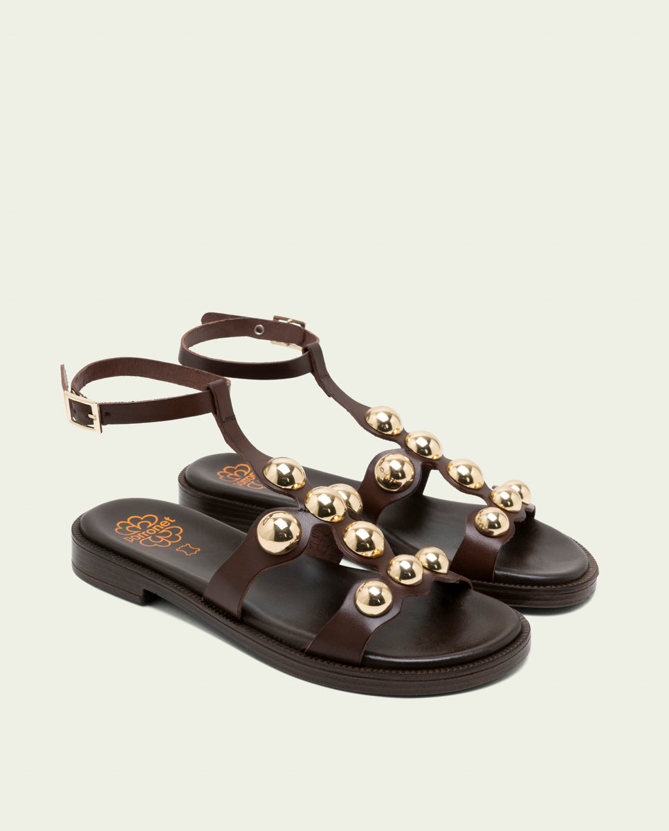 SANDALES PLATES EN CUIR ESCLAVA AVEC STRASS CARMEN MOKA