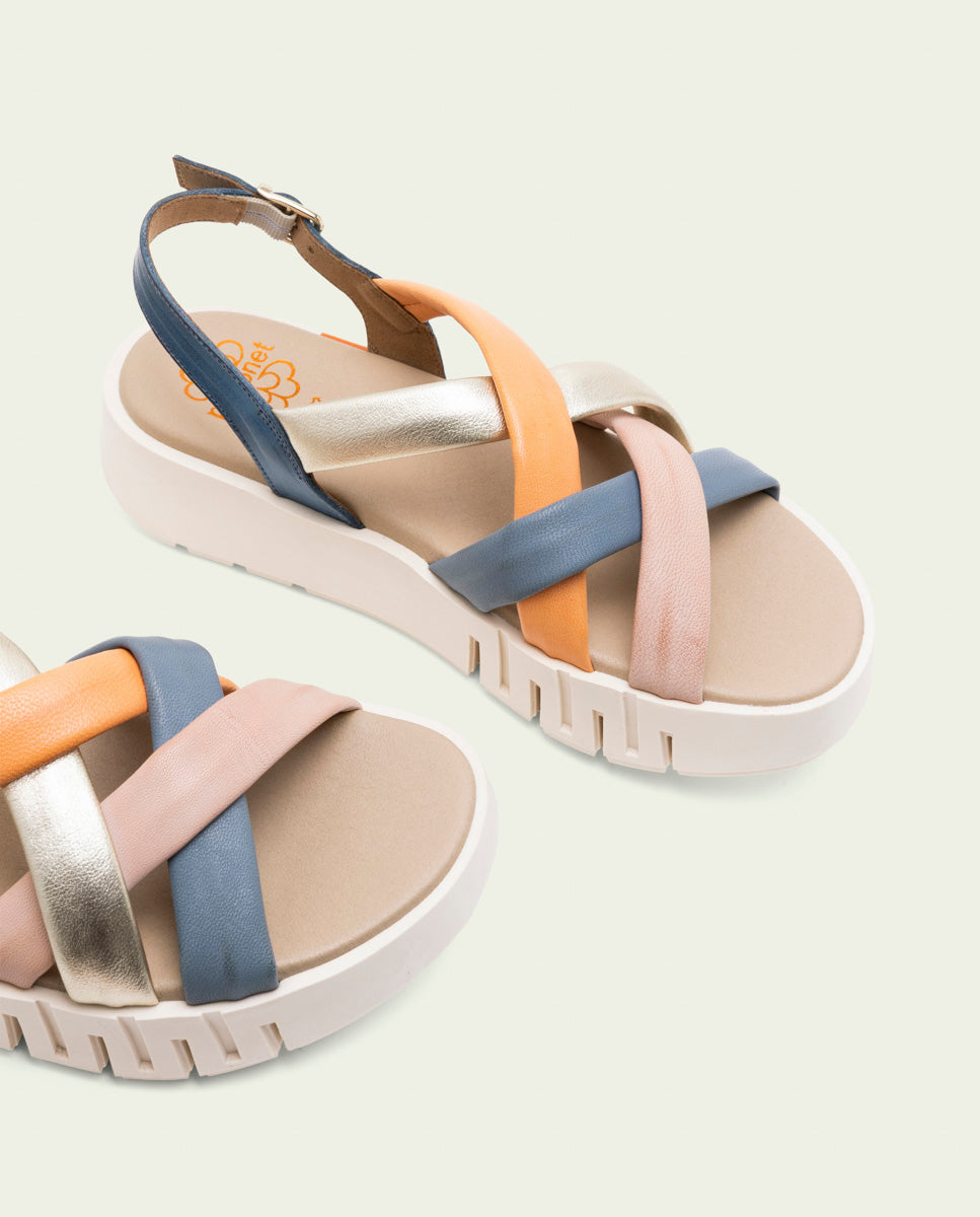 SANDALES À TALONS COMPENSÉS EN CUIR DANIELA BLEU COLORES