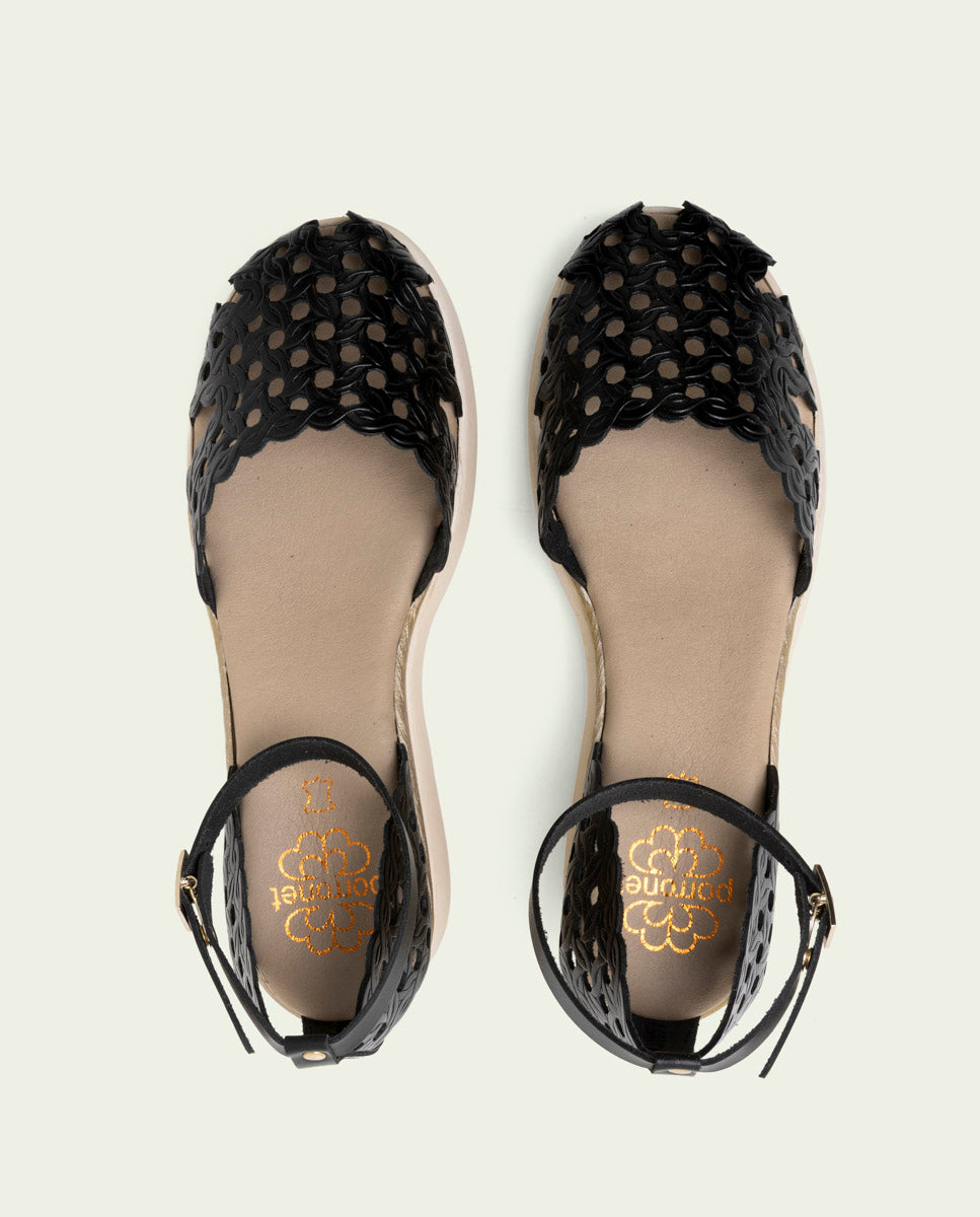 SANDALES À TALONS COMPENSÉS EN CUIR TRESSÉ EVA NOIR