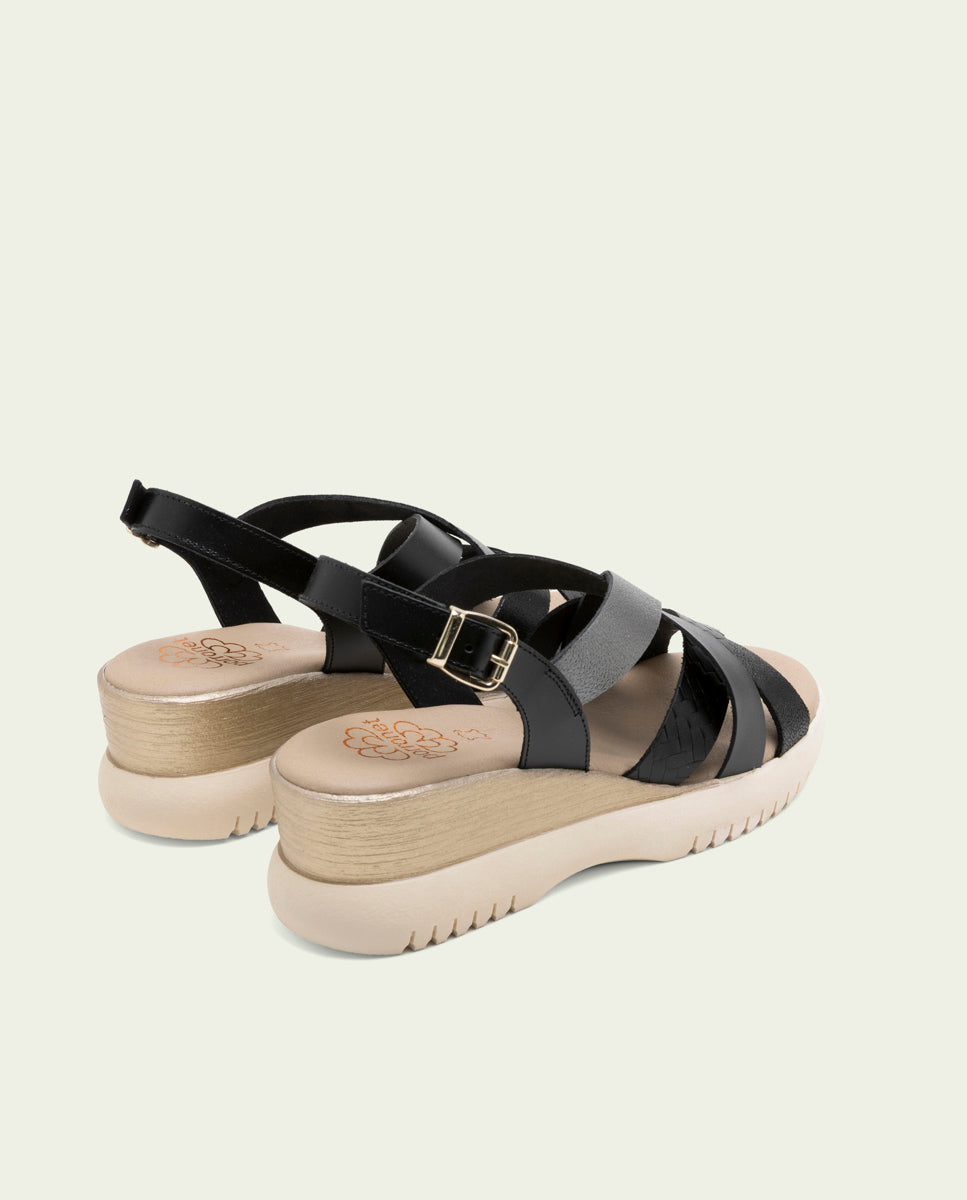 SANDALES À TALONS COMPENSÉS EN CUIR ELISA NOIR