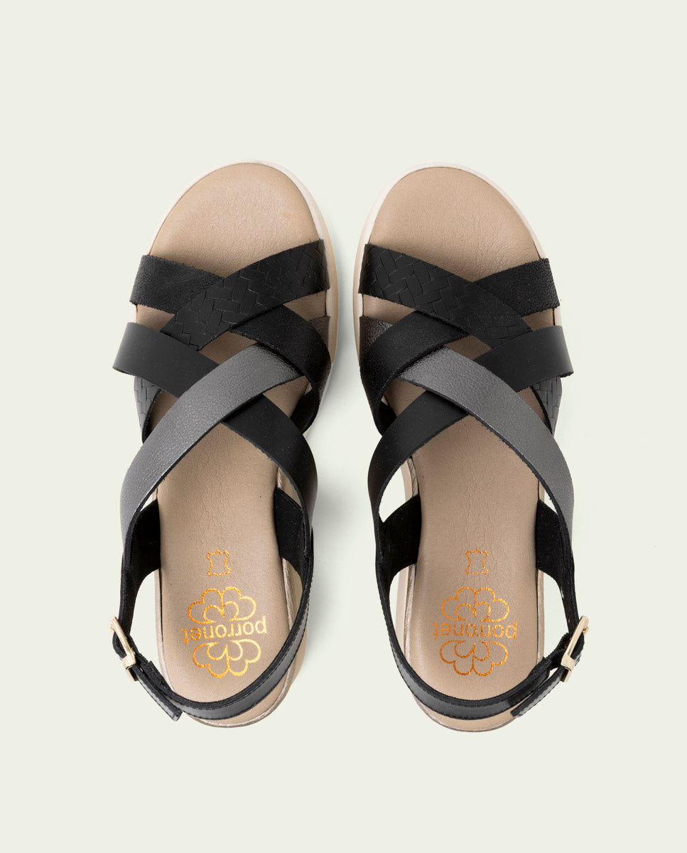 SANDALES À TALONS COMPENSÉS EN CUIR ELISA NOIR