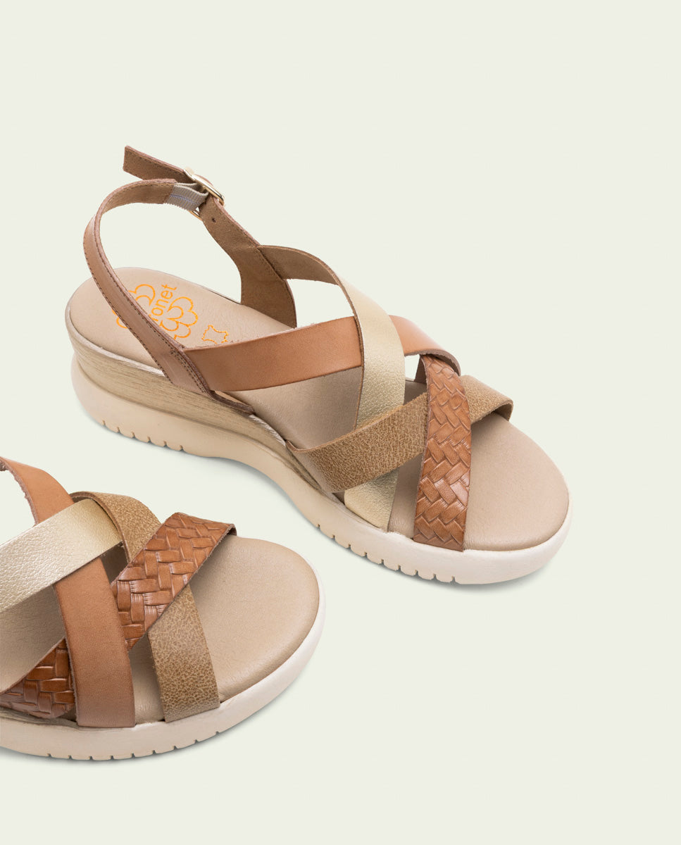 SANDALES À TALONS COMPENSÉS EN CUIR ELISA TAUPE OR