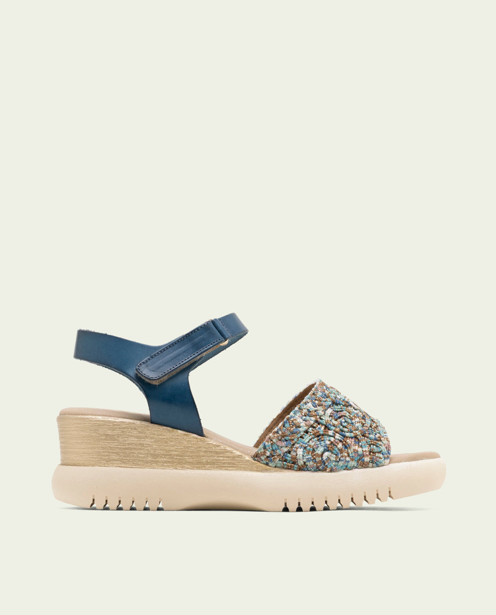 SANDALES À TALONS COMPENSÉS EN CUIR ET TISSU ELISA BLEU