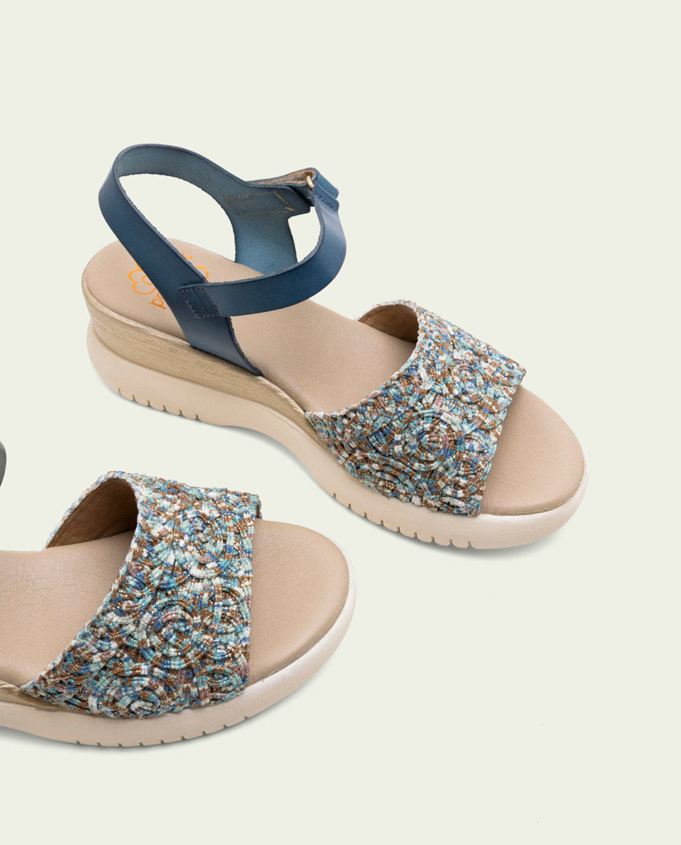 SANDALES À TALONS COMPENSÉS EN CUIR ET TISSU ELISA BLEU