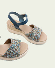 SANDALES À TALONS COMPENSÉS EN CUIR ET TISSU ELISA BLEU