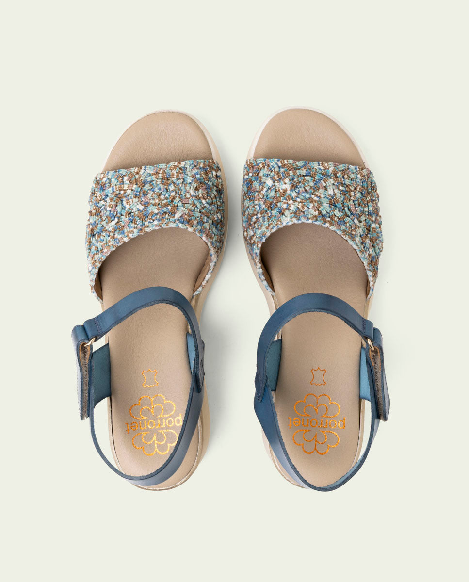 SANDALES À TALONS COMPENSÉS EN CUIR ET TISSU ELISA BLEU