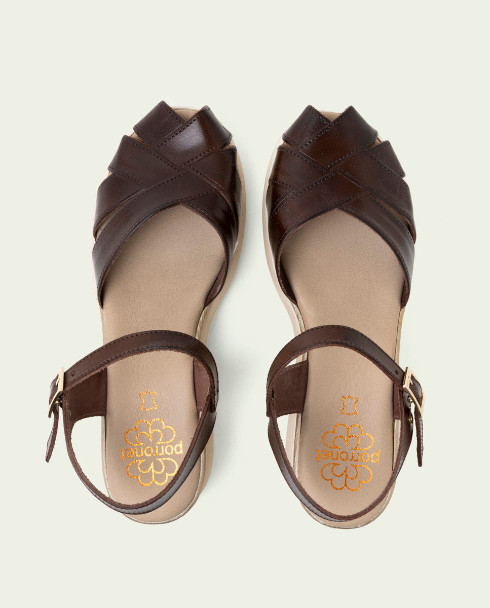 SANDALES À TALONS COMPENSÉS EN CUIR EMILIA MOKA
