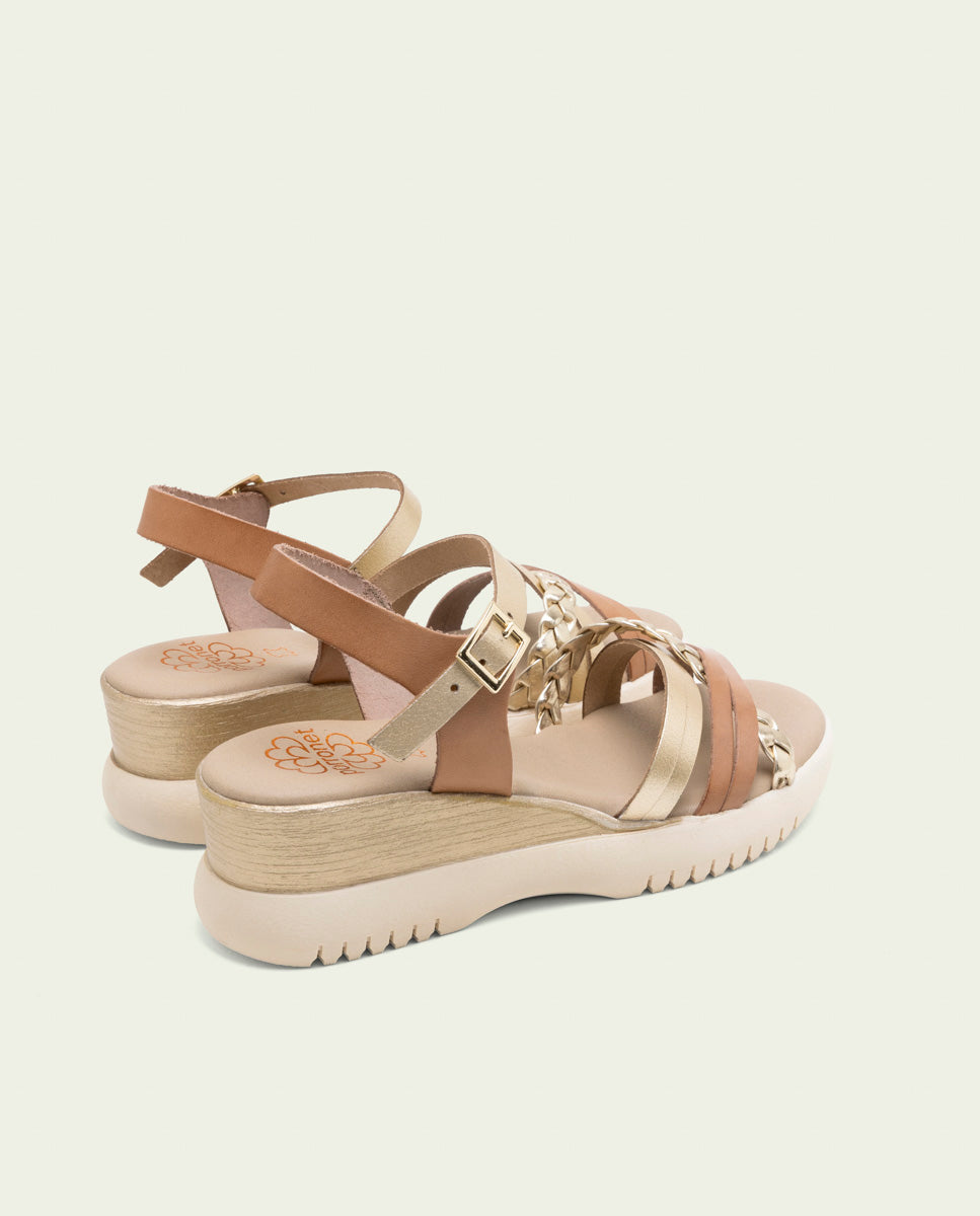 SANDALES À TALONS COMPENSÉS EN CUIR BERTA TAUPE OR