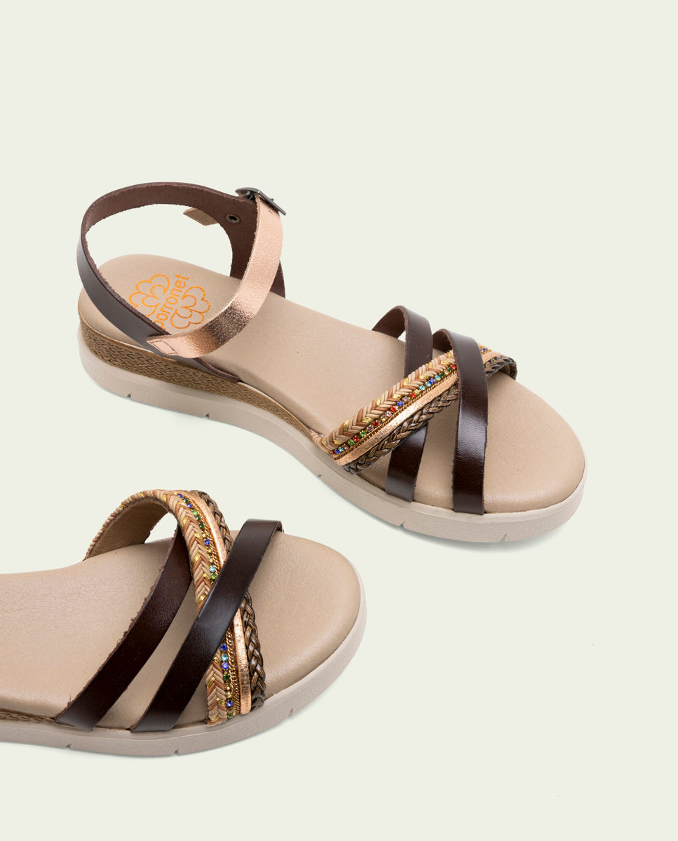 SANDALE À TALON COMPENSÉ EN CUIR FABIANA MOKA