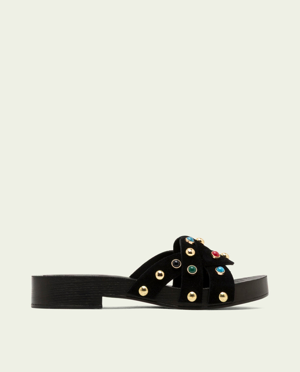 SANDALE À TALON EN CUIR À BIJOUX GRACIA NOIR