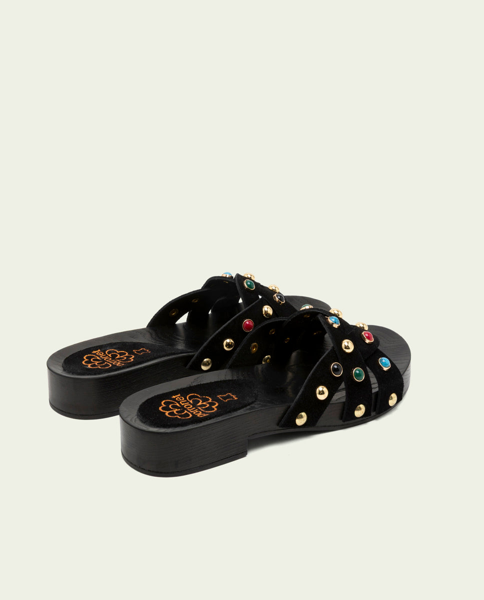 SANDALE À TALON EN CUIR À BIJOUX GRACIA NOIR