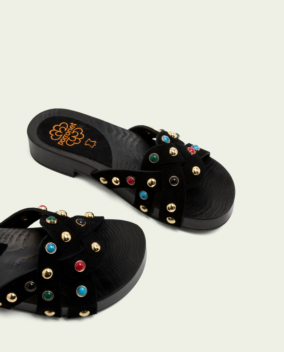 SANDALE À TALON EN CUIR À BIJOUX GRACIA NOIR