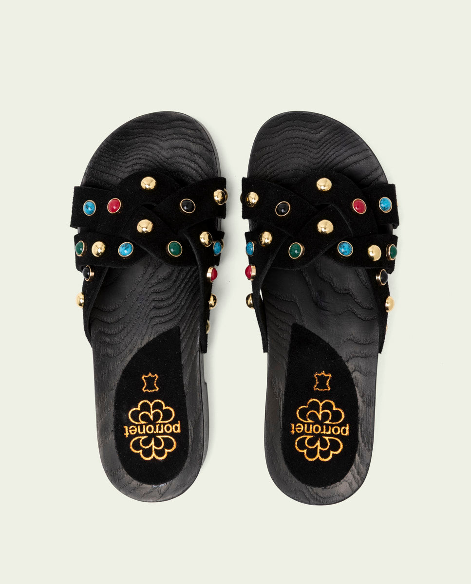 SANDALE À TALON EN CUIR À BIJOUX GRACIA NOIR