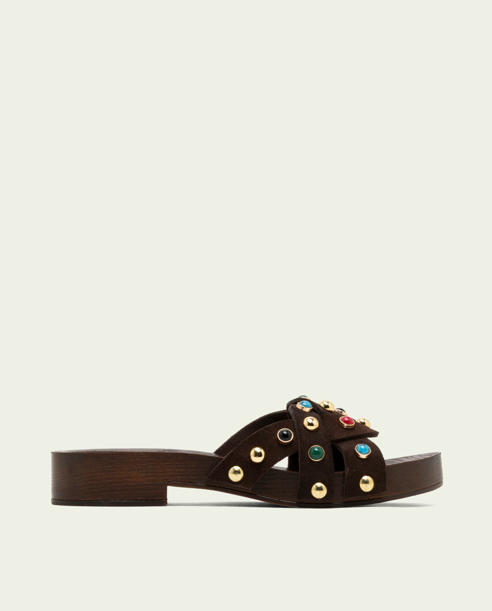 SANDALE À TALON EN CUIR À BIJOUX GRACIA MOKA