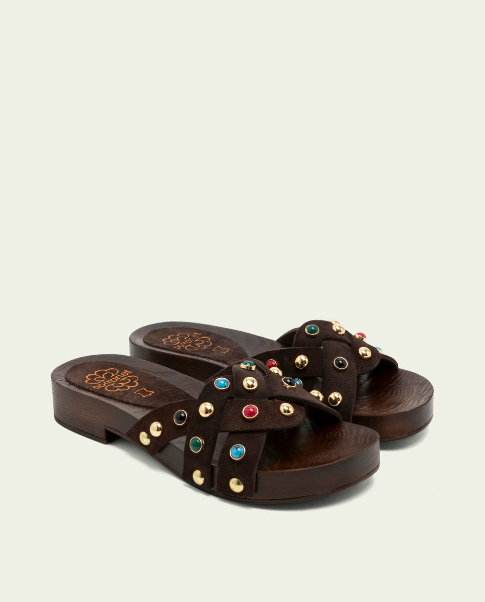 SANDALE À TALON EN CUIR À BIJOUX GRACIA MOKA