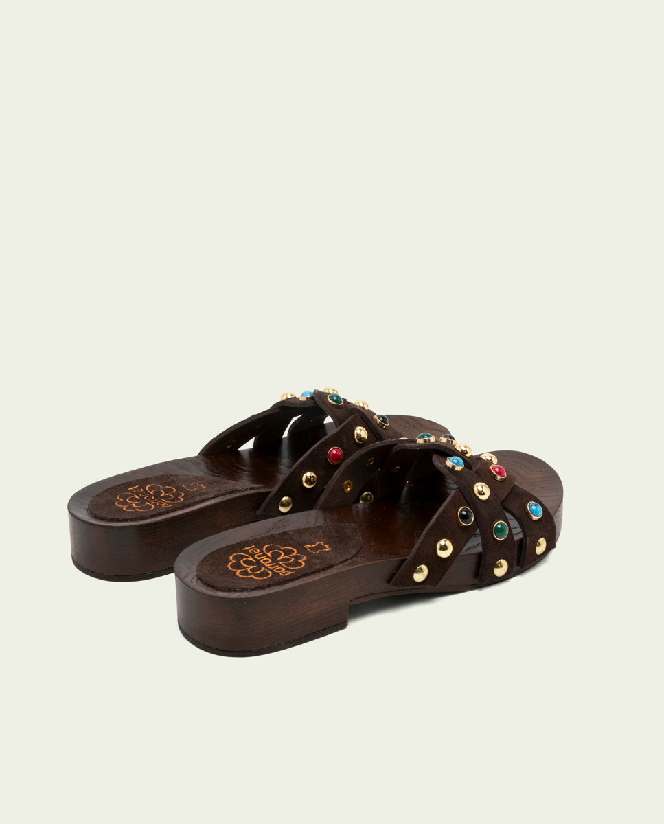 SANDALE À TALON EN CUIR À BIJOUX GRACIA MOKA