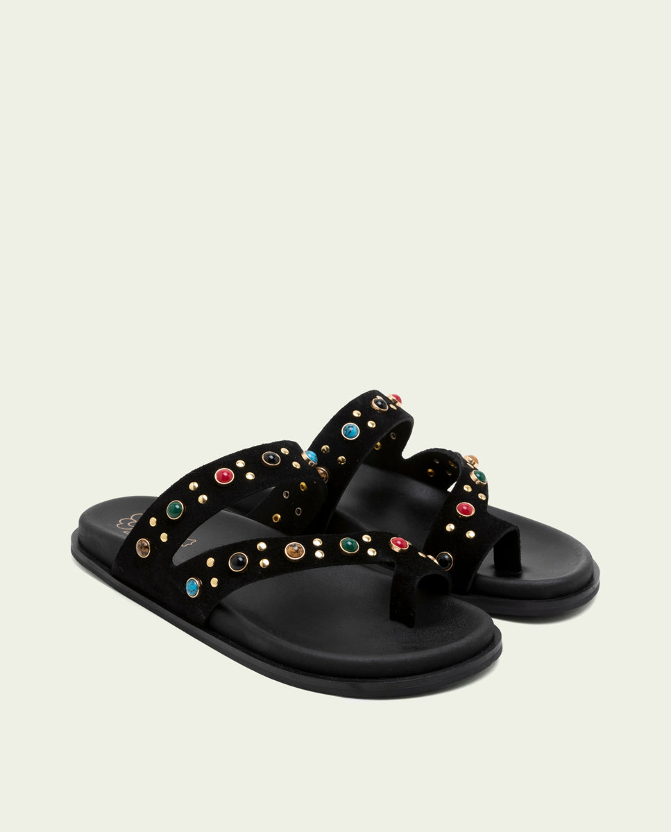 SANDALES PLATES EN CUIR CLOUS HANNAH NOIR