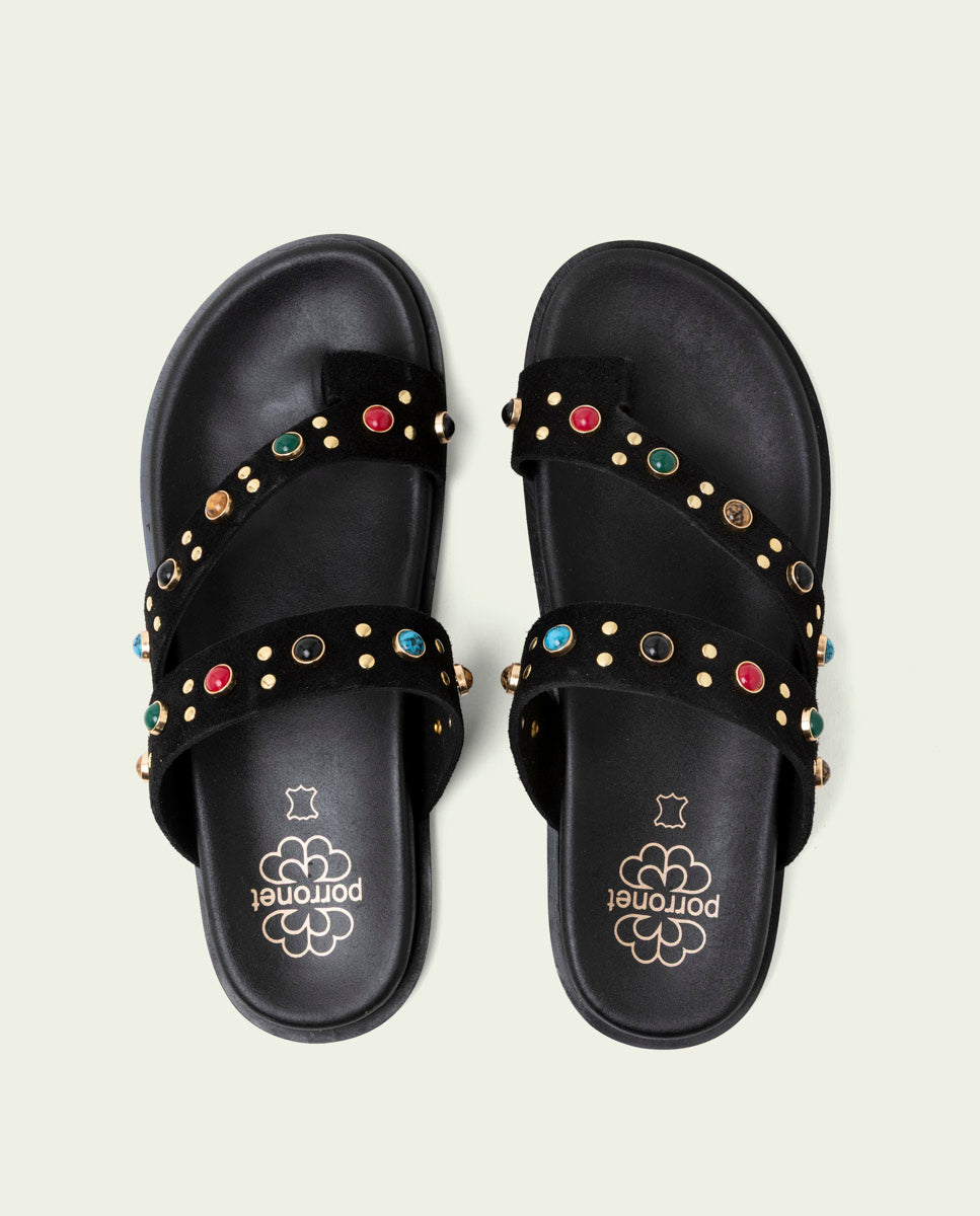 SANDALES PLATES EN CUIR CLOUS HANNAH NOIR