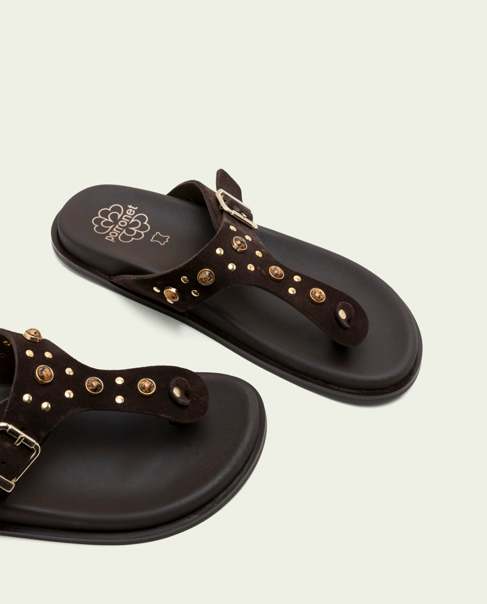 SANDALE PLATE EN CUIR ESCLAVE HARPER MOKA